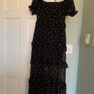Wayf Black Floral Tiered Maxi Dress with Pink and Blue Accents
